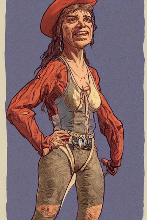 Prompt: maria. Smug old west circus wrestler. concept art by James Gurney and Mœbius.