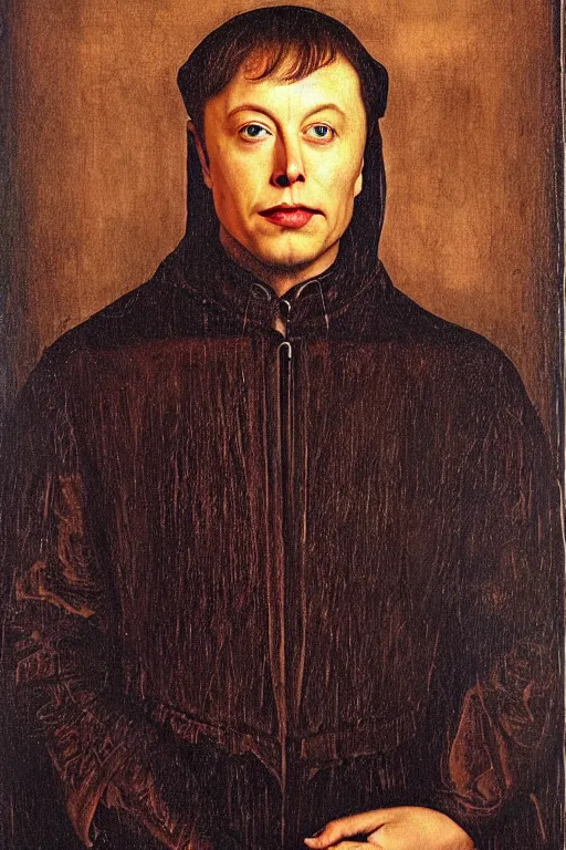 Image similar to portrait of elon musk, oil painting by jan van eyck, northern renaissance art, oil on canvas, wet - on - wet technique, realistic, expressive emotions, intricate textures, illusionistic detail