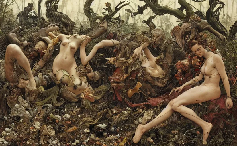 Image similar to renaissance grotesque painting of ovni crash wasteland, landfill, swamp, corpses on the floor, elegant artwork by lee bermejo and greg rutkowski and alphonse mucha