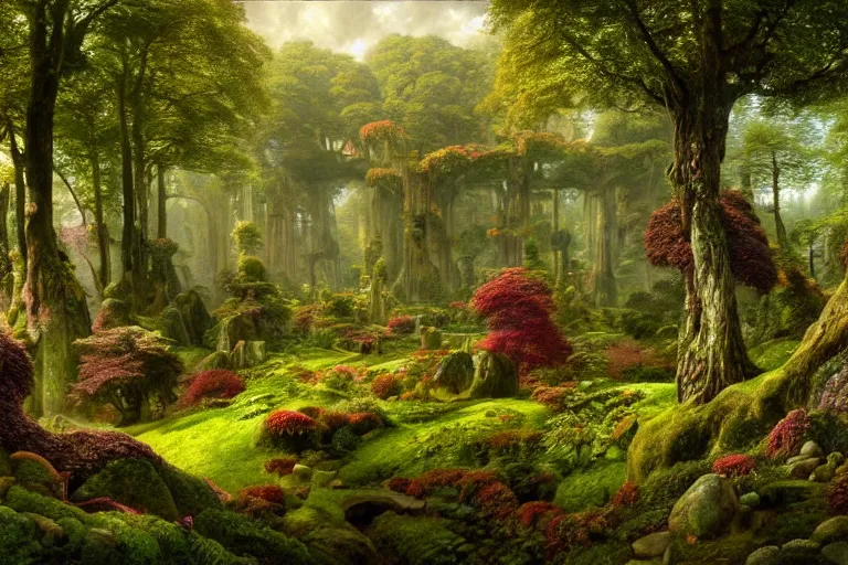 Image similar to a beautiful and highly detailed matte painting of a lush garden in a beautiful forest, carved celtic stone runes, psychedelic colors, intricate details, epic scale, insanely complex, hyperdetailed, artstation, cgsociety, 8 k, sharp focus, hyperrealism, by caspar friedrich, albert bierstadt, james gurney, brian froud,