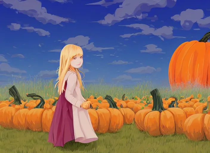 Image similar to little girl with long blonde hair visiting a pumpkin patch. she is facing away from the viewer. clean cel shaded vector art. shutterstock. behance hd by lois van baarle, artgerm, helen huang, by makoto shinkai and ilya kuvshinov, rossdraws, illustration, art by ilya kuvshinov