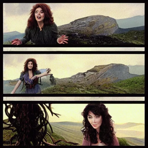 Image similar to kate bush running up that hill and making a deal with god in various styles