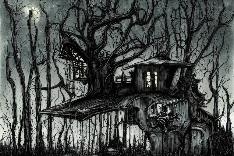 Image similar to mad horror painting of a futuristic alien witch house from another dimension in the woods by ben templesmith