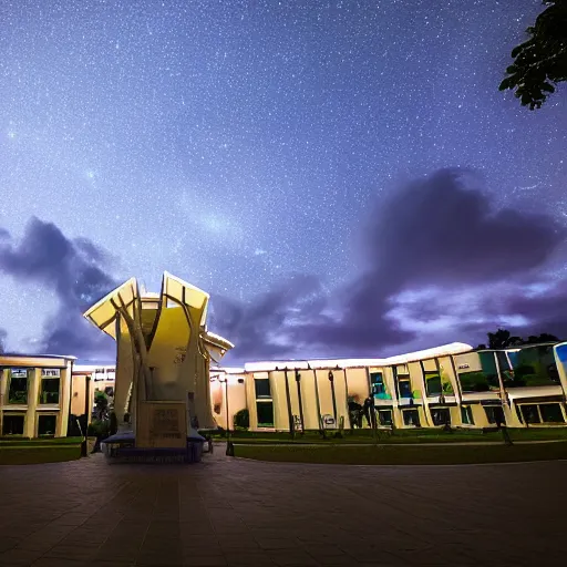 Prompt: Universidad del Quindio with neon lights at night with sky full of stars