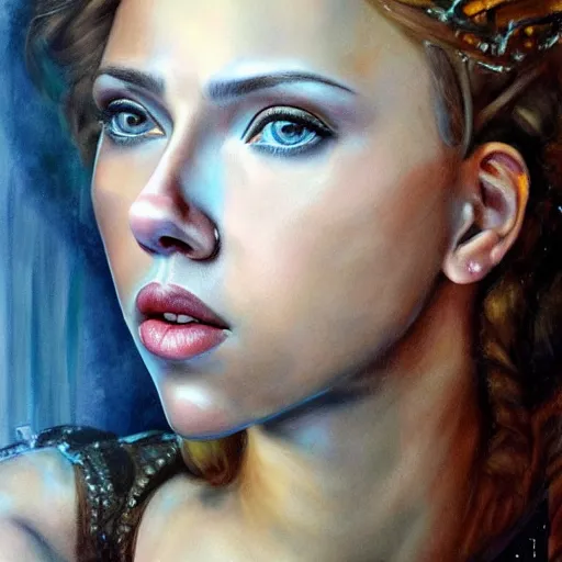 Prompt: hyper realistic candid portrait mixed media painting of beautiful Scarlett Johansson as a greek goddess, hyper detailed, realistic eyes, cinematic lighting, masterpiece