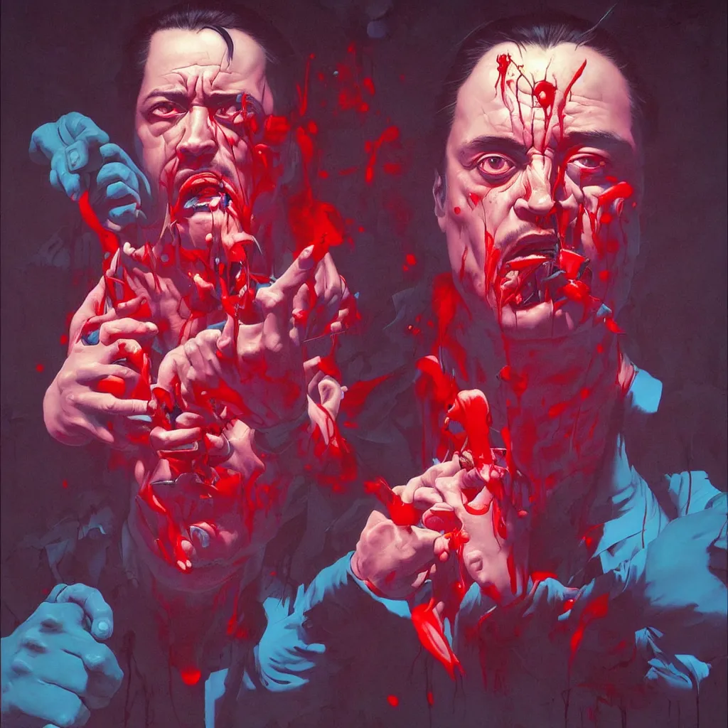 Image similar to weird and disturbing portrait of mike patton puking blood, vivid colors, death, neon, art by ( ( ( kuvshinov ilya ) ) ) and wayne barlowe and francis bacon and artgerm and wlop and william - adolphe bouguereau