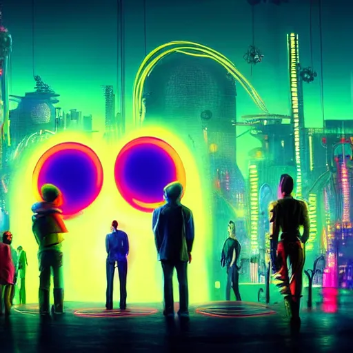 Image similar to a group of people standing around a giant one - eyed mickey mouse, cyberpunk art by david lachapelle, cgsociety, dystopian art by industrial light and magic, netflix neon logo concept art, neons, interior