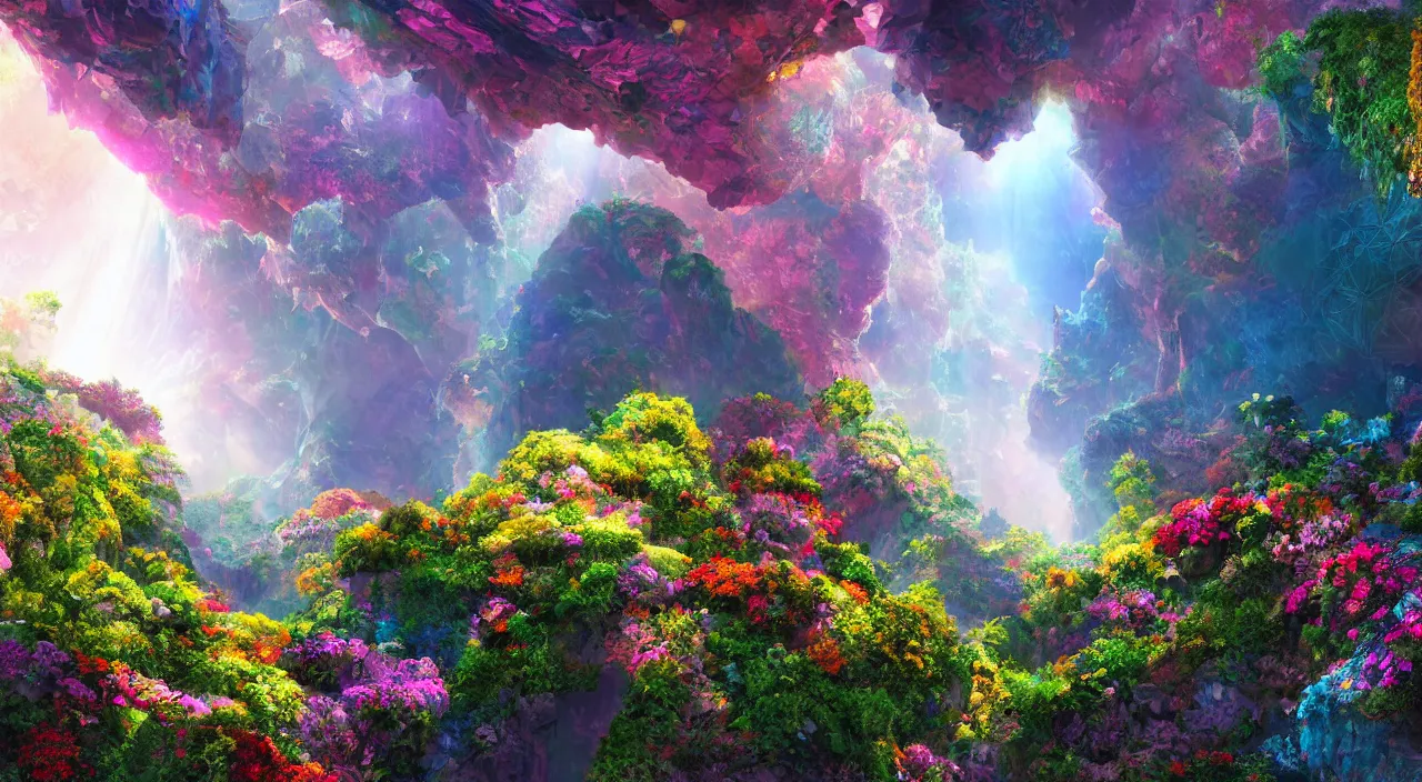 Image similar to biological crystallographic lattice bridging megastructure, in a canyon with flowers and lots of colors, by jack oliva - rendler, by glenn small, by albert bierstadt, photorealistic, zaha hadid, god rays, volumetric lighting, detailed, extremely intricate, raytrace, octane, light fog, neon