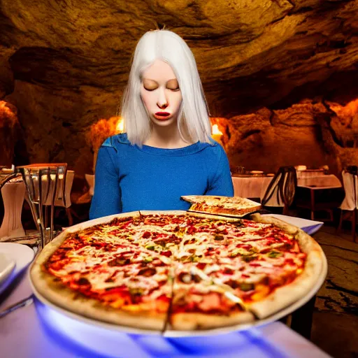 Image similar to cinematic photo of a beautiful albino praying mantis woman lit with saturated split colour blue and dusty pink lighting serving pizza in a grotto restaurant