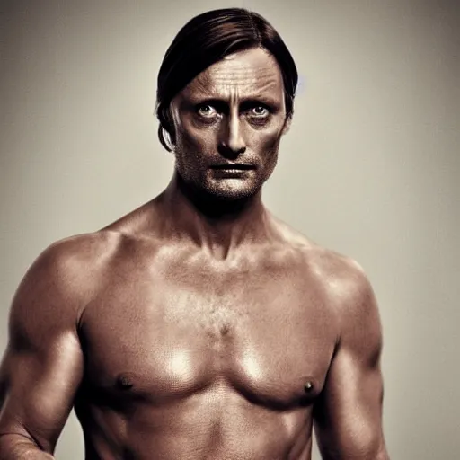 Image similar to a man who is a genetic combination of mads mikkelsen and jude law face and upper - body focus