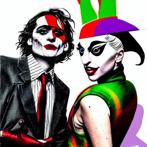 Prompt: mimmo rottela and banksy as joaquin phoenix skinny joker holding hand lady gaga harley queen, photorealistic, intricate details, pop art style, baroque, hyperdetailed, concept art, ultrarealistic, 3 colors, smooth, sharp focus