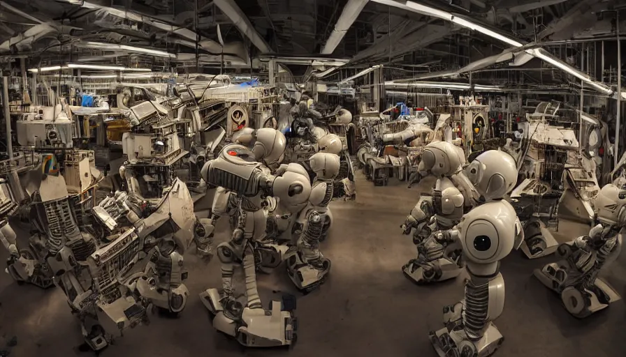 Prompt: award winning photo of robots in an art factory, dramatic lighting, 4 k