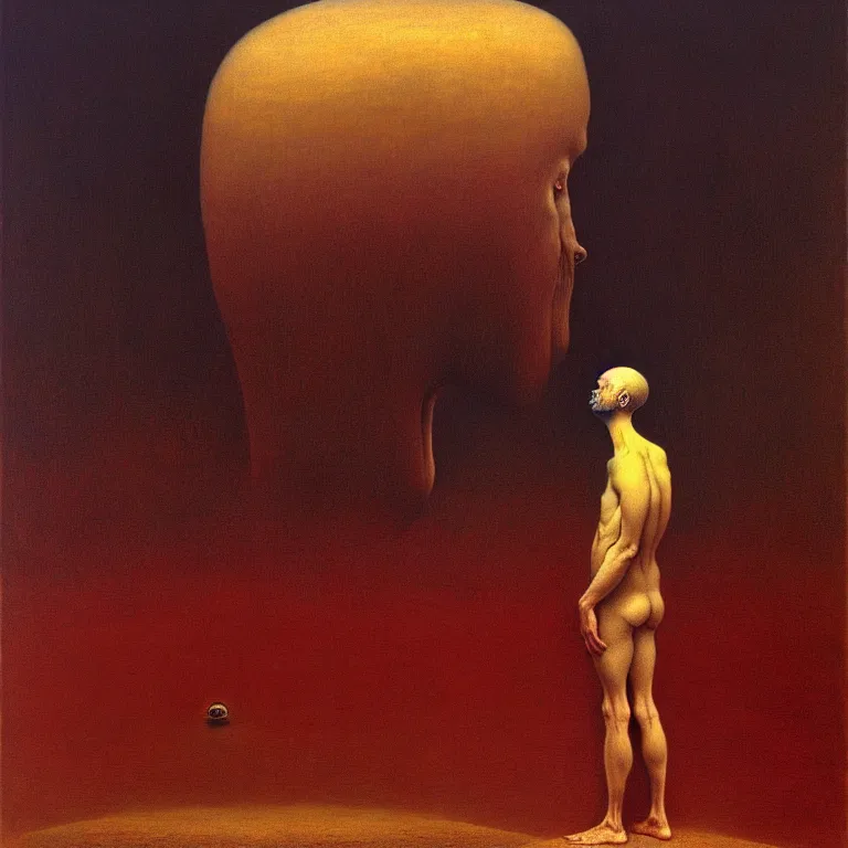 Image similar to a man looking at his mind pondering the absurdity of existence, by zdzisław beksinski and salvador dali, surreal, oil on canvas, hyper detailed, soft