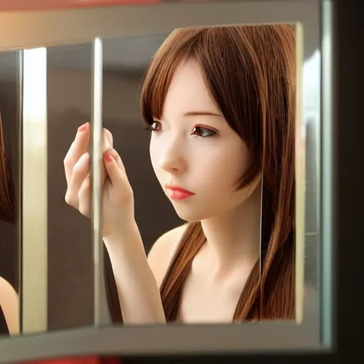 Prompt: an anime girl looking at her reflection in a mirror