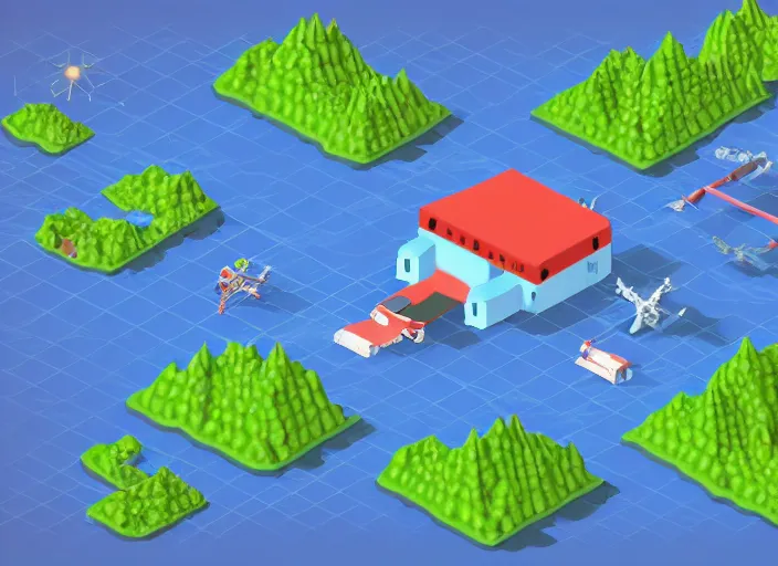 Image similar to aliens visiting kamchatka isometric aerial lowpoly