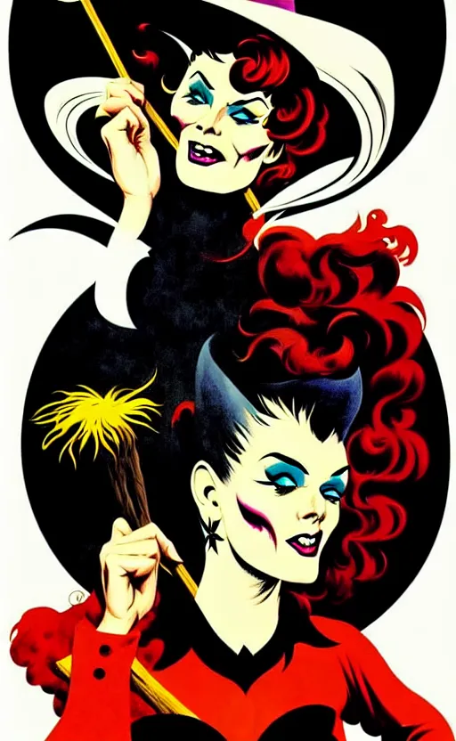 Image similar to witches riding brooms, detailed faces, psychobilly, rockabilly, punk, full body, white background, vector art, illustration by frank frazetta