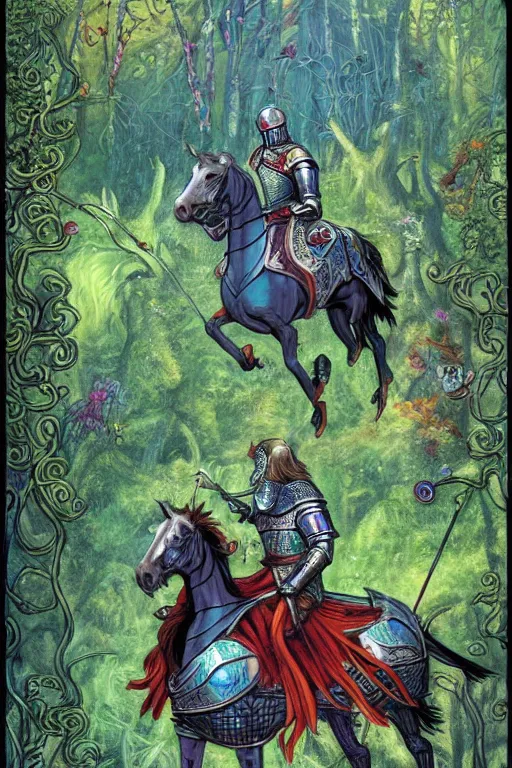 Prompt: medieval knight riding a horse in a magic kingdom overgrown by moss and plants, shiny armor, enchanted forest with flying faires, wizards and magic mushrooms in the background, illustrated by james jean, very detailed and colorful, comicbook cover