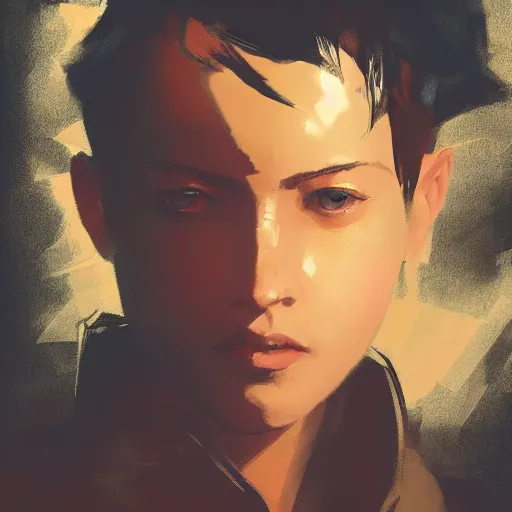 Image similar to portrait of an american girl with short hair, men's haircut, dramatic lighting, illustration by greg rutkowski, yoji shinkawa, 4 k, digital art, concept art, trending on artstation