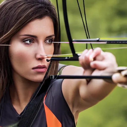 Image similar to photo realistic, a attractive sports woman in archery, pointing his bow, uhd 8 k, highly detailed