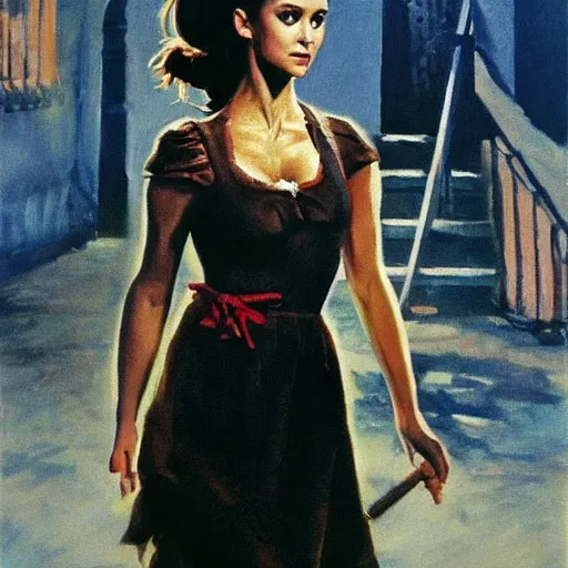 Image similar to ultra realistic portrait painting of nina dobrev wearing a dirndl in west side story, art by frank frazetta, 4 k, ultra realistic, highly detailed, epic lighting.