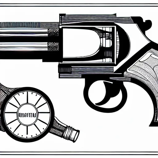 Image similar to a full page schematic diagram illustration of a revolver, ultra detailed, 4 k, intricate, encyclopedia illustration, fine inking lines