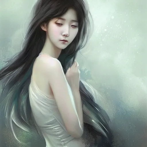 Image similar to IU, Korean Idol, Korean Artist, very detailed, digital art, concept art, studio quality, ethereal, art style by Charlie Bowater