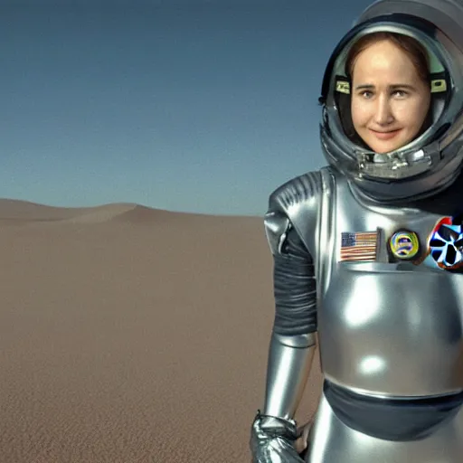 Prompt: katherine waterston wearing a nasa suit in the movie black rain, ultra detailed abandoned buildings under the sand in night arrakis desert, film still from the movie by alejandro jodorowsky with cinematography of christopher doyle, 8 k, unreal engine, art by todd mcfarlane and artgerm and greg rutkowski and alphonse mucha