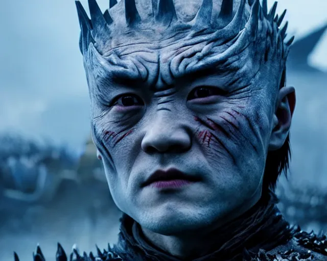 Image similar to justin sun as night king in game of thrones with giant crimson - black bees, 4 k, epic, cinematic, focus, movie still, fantasy, extreme detail, atmospheric, dark colour, sharp focus