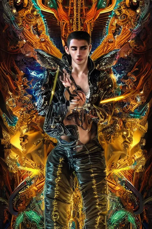 Prompt: full-body bladerunner style sculpture of a young handsome Mexican prince as a half cibernetic android with a chest opening exposing circuitry and electric sparks, glowing laser beam eyes, crown of giant diamonds, flowing neon-colored silk, fabric, raptors. baroque elements. full-length view. baroque element. intricate artwork by caravaggio. many many birds birds on background. Trending on artstation, octane render, cinematic lighting from the right, hyper realism, octane render, 8k, depth of field, 3D