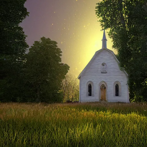 Prompt: old white church chapel with a steeple in an old green meadow and gold sparkles floating around in the air and sky, swirling clouds, swirling glowing gold dust, lush forest, idyllic landscape, sparkles, rainbow across the sky, ethereal, atmospheric, iridescent, volumetric, unreal engine, ray - tracing, film still, artstation, 8 k