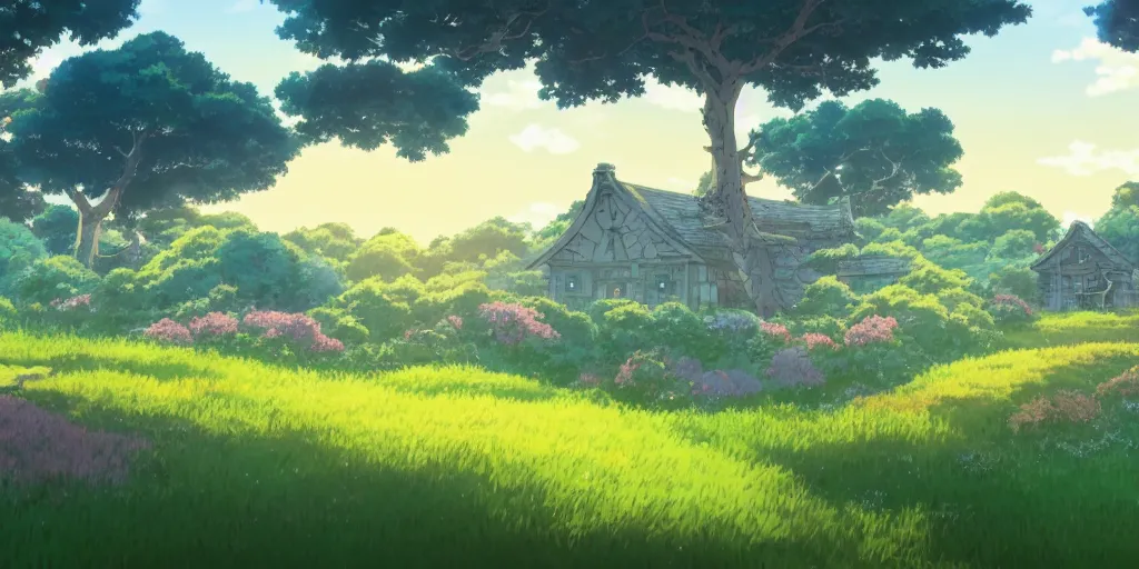 Image similar to anime screenshot wide-shot landscape with house in the garden, stone hedge, and meadow hill, forest on the horizont, beautiful ambiance, golden hour, studio ghibli style, by hayao miyazaki, sharp focus, highly detailed,