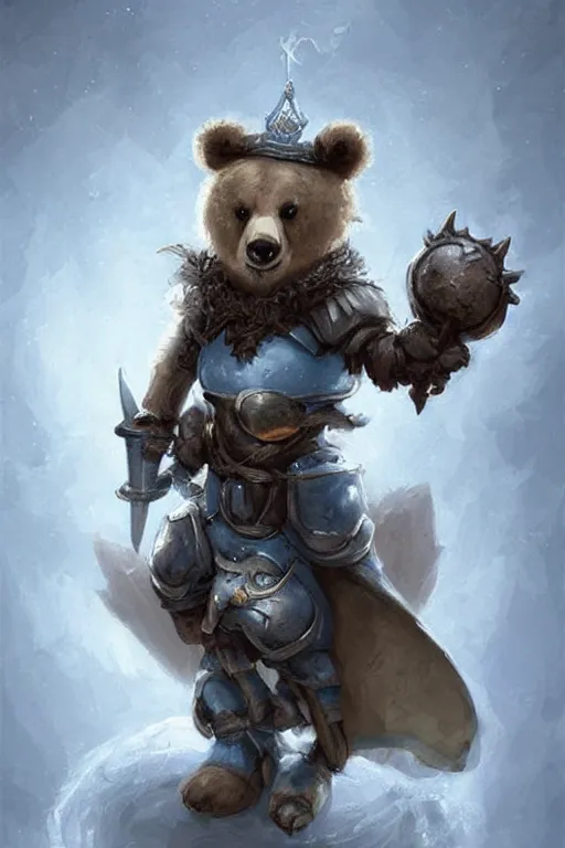 Image similar to cute little anthropomorphic bear knight wearing a cape and a crown, tiny, small, miniature bear, baby animal, short, pale blue armor, cute and adorable, pretty, beautiful, DnD character art portrait, matte fantasy painting, DeviantArt Artstation, by Jason Felix by Steve Argyle by Tyler Jacobson by Peter Mohrbacher, cinematic lighting