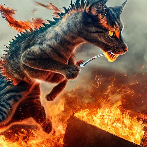 Image similar to highly detailed 4 k realistic photo of a cat battling a fire breathing dragon