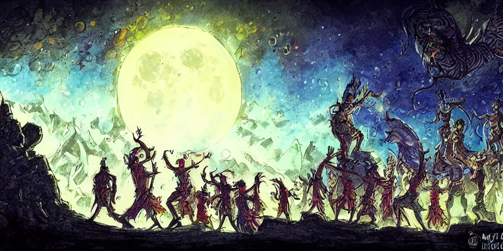 Prompt: moon - worshipers and temple - dancing in front of a temple in a dramatic mountain range under a comet shower, magic, colorful drawing, concept art in the style of enki bilal and sergio toppi