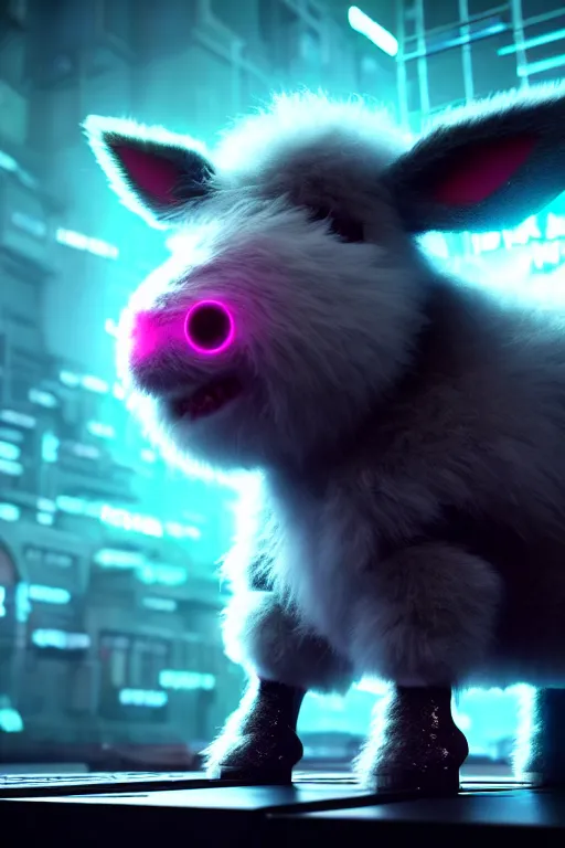 Image similar to high quality 3 d render very cute neuromancer fluffy! mutant cow playing! keyboard, highly detailed, unreal engine cinematic smooth, in the style of blade runner & detective pikachu, hannah yata charlie immer, moody light, low angle, uhd 8 k, sharp focus