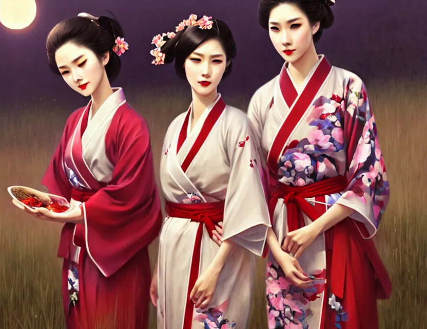 Image similar to two beautiful fashion taiwan girl wear elegant yukata in festival | | big eyes, summer night, realistic shaded, smile, good looking, fine details, 4 k realistic, cryengine, realistic shaded lighting poster by greg rutkowski, magali villeneuve, artgerm, jeremy lipkin and michael garmash and rob rey