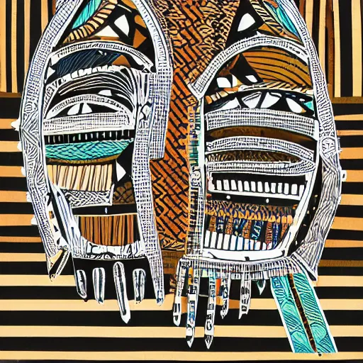 Prompt: Abstract expressionist paper cut collage detailed intricate patterns of African tribal mask