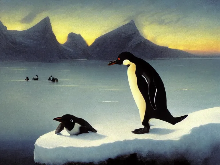 Image similar to an oil painting of a penguin playing in pure white snow on an iceberg in a serene ocean at dusk. aurora. by tuomas korpi moebius and carl spitzweg. baroque elements. intricate artwork by caravaggio. oil painting. oil on canvas. award winning. dramatic. trending on artstation. 8 k