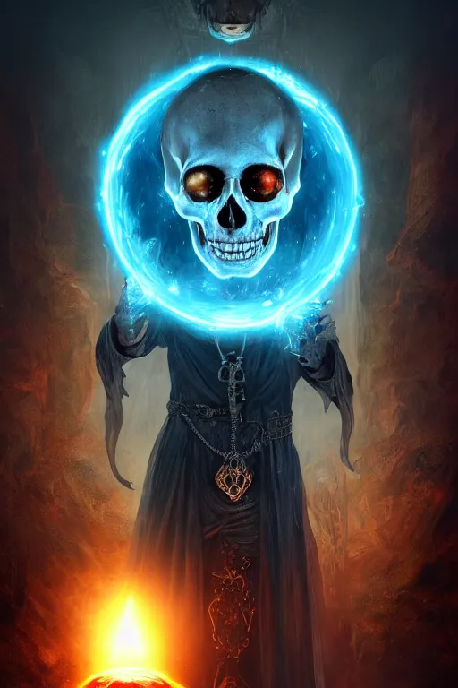 Image similar to a lich holding a magical orb, surrounded by an aura of darkness, human skull, in a medieval crypt, fantasy horror art, digital painting, HDR, 8k, cgsociety, octane engine