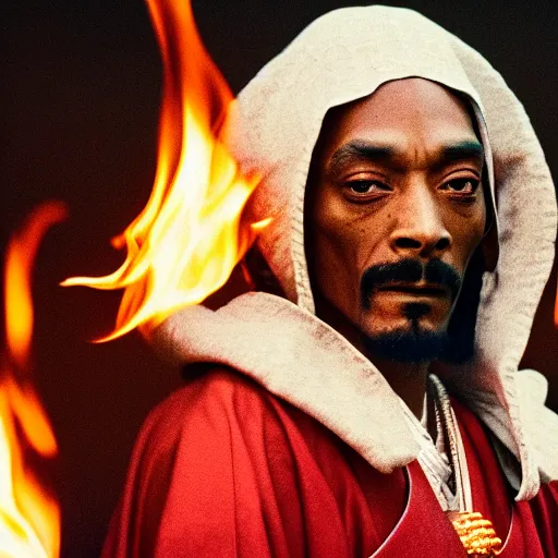 Image similar to cinematic film still of Snoop Dogg starring as a Samurai holding fire, Japanese CGI, VFX, 2022, 40mm lens, shallow depth of field, film photography