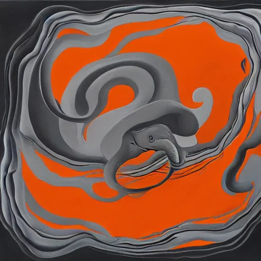 Image similar to An abstract painting of swirling elephants by Salvador Dali, orange and gray color palette