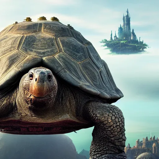 Prompt: giant tortoise with a large fantasy castle rising from the top of it, distant shot birds eye view, fantasy, hyper detailed, 4 k, howls moving castle, mortal engines, kaiju,