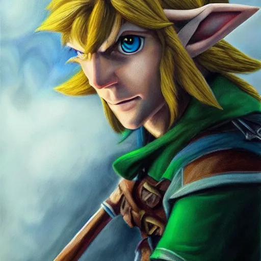 Image similar to An ultra-realistic portrait painting of Link from The Legend of Zelda in the style of Alex Ross. 4K. Ultra-realistic. Highly detailed. Epic lighting.