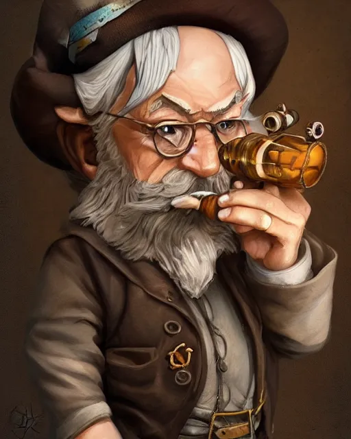 Prompt: A gnomish professor smoking a wooden pipe, visualartzi, anime, steampunk, portrait, concept art by Karla Ortiz, James Paick, Charlie Bowater, Krenz Cushart, highly detailed, ultra detailed, ultra realistic, trending on artstation, cgstudio