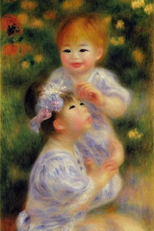 Image similar to a portrait of one Japanese cute baby girl smiling, under the sun, summer, happy, elegant, fantasy, art by Pierre-Auguste Renoir