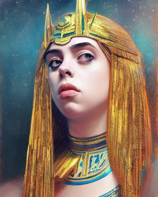 Image similar to Billie Eilish as a beautiful egyptian princess, gorgeous, portrait, Symmetrical, powerful, intricate, beautiful, masterpiece, elegant, volumetric lighting, highly detailed, artstation, sharp focus, no cropping, illustration, Jean-Leon Gerome , ruan jia