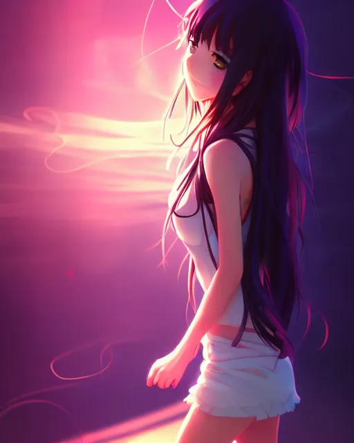 Image similar to anime style, vivid, expressive, full body, 4 k, painting, a cute girl with white skin and a long wavy hair humming a song, stunning, realistic light and shadow effects, centered, simple background, studio ghibly makoto shinkai yuji yamaguchi