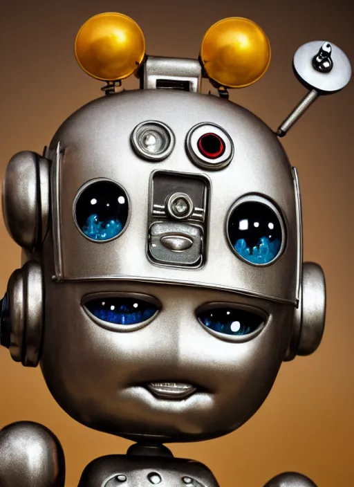 Image similar to highly detailed closeup portrait of a cute tin toy retro robot, nicoletta ceccoli, mark ryden, lostfish, earl nore, hyung tae, frank frazetta, global illumination, god rays, detailed and intricate environment