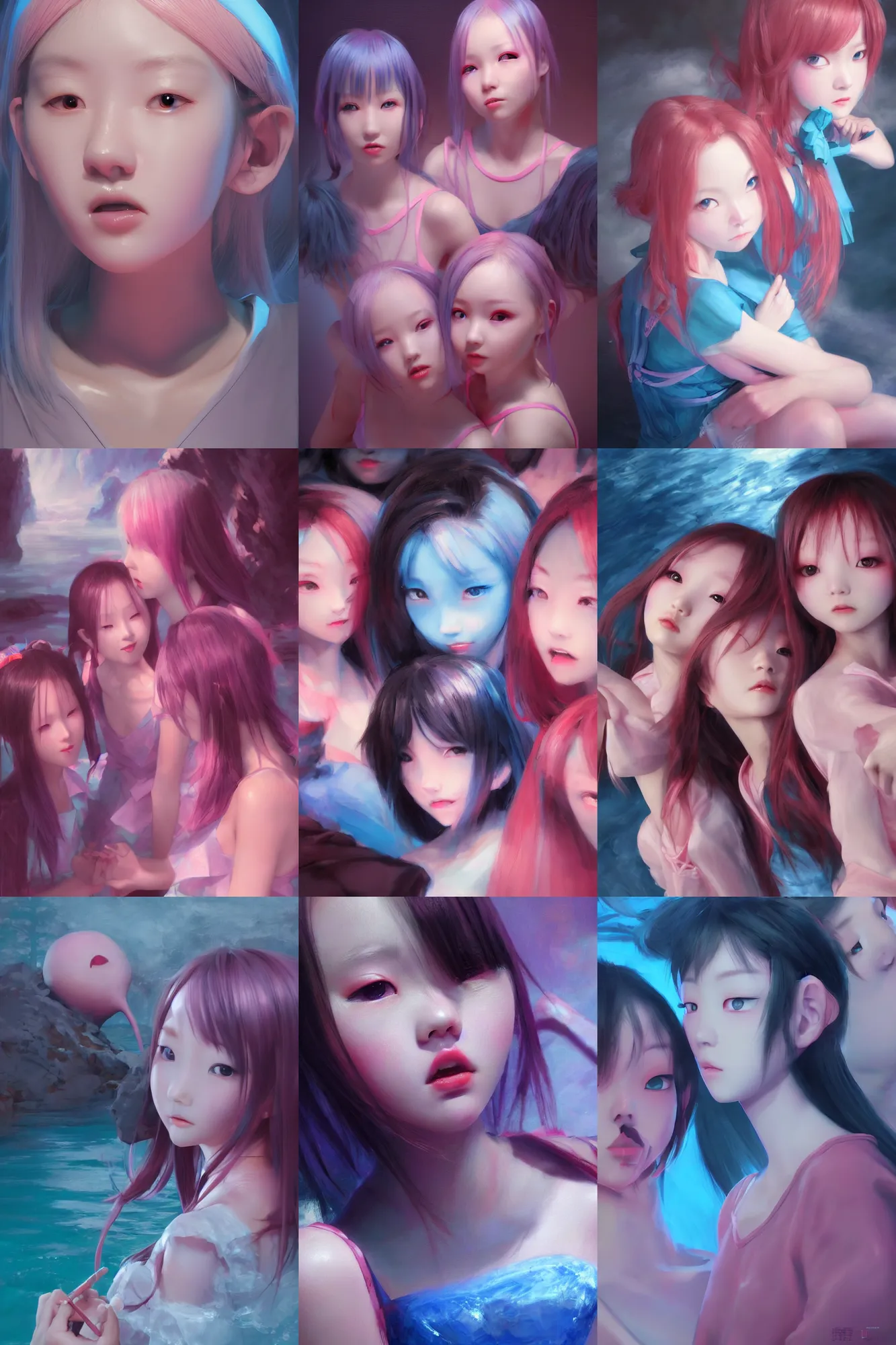 Image similar to 3d dark infrared octane render concept art by D. Jun, by Mo Xiang Tong Xiu, by Igarashi Daisuke, beauty portrait anime schoolgirls under dark pink and blue water. cute face. dramatic light, trending on artstation, oil painting.