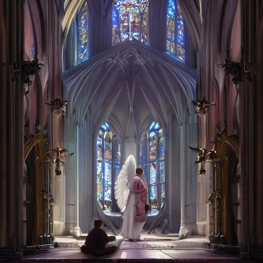 Image similar to angel protecting man who is praying inside a gothic church by Stanley Artgerm Lau, WLOP, Rossdraws, James Jean, Andrei Riabovitchev, Marc Simonetti, Yoshitaka Amano, ArtStation, CGSociety